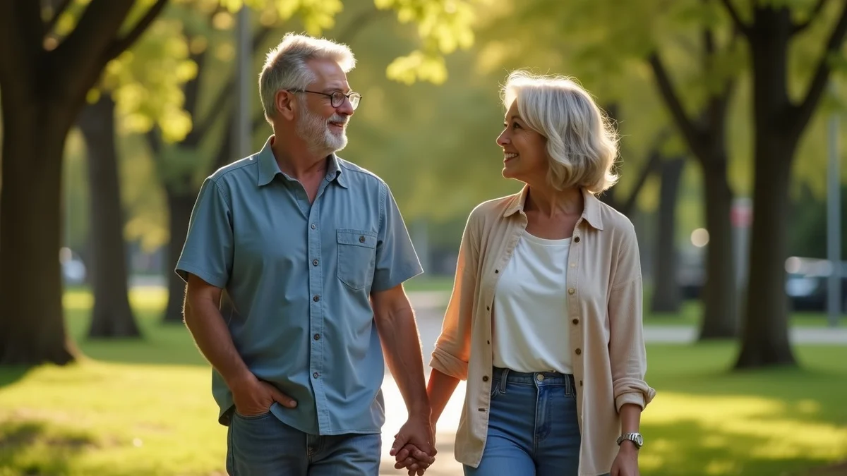 Two adults in their late 40s share a relaxed conversation during a quiet walk in a leafy neighborhood park, listening to each other with open