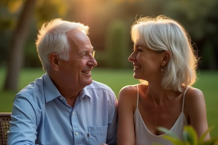 Two middle-aged adults share a relaxed conversation on an early date in a quiet neighborhood garden, showing comfortable pauses, attentive listening