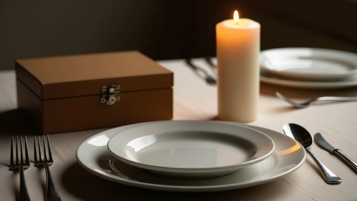 A fresh dinner place setting beside a closed keepsake box and a single unlit candle, showing a new date kept separate from memories of an ex