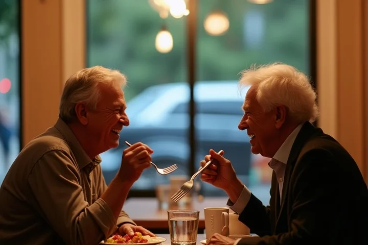 Two middle-aged adults sit across from each other at a quiet neighborhood restaurant