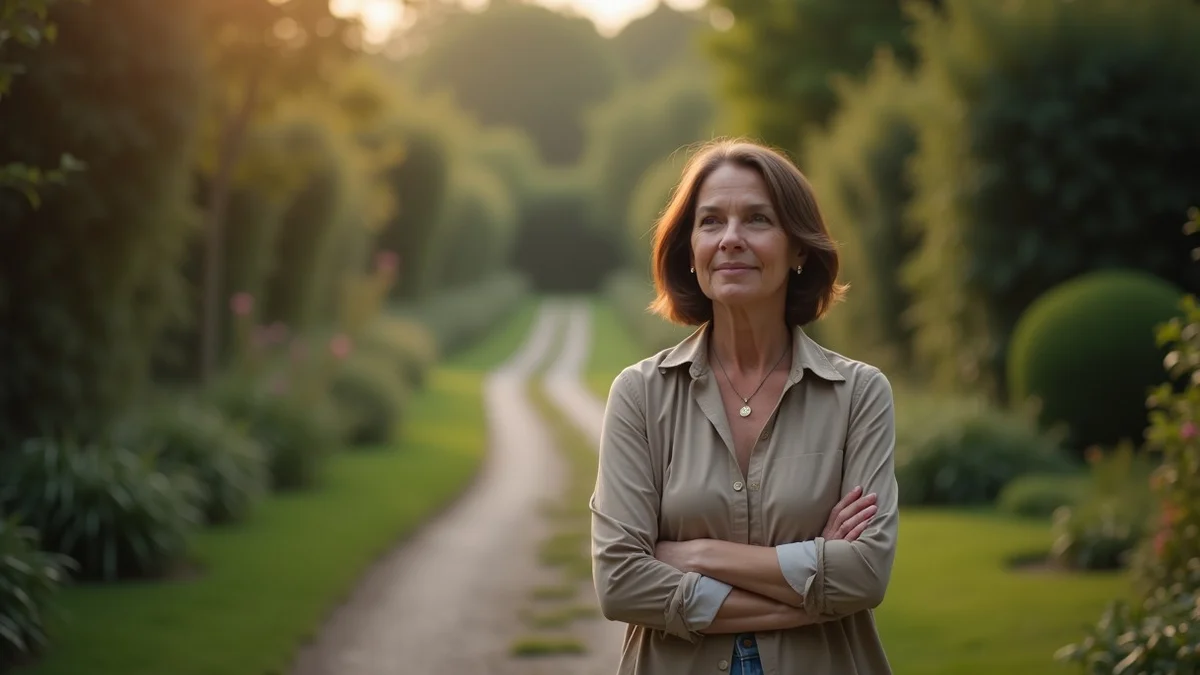 A thoughtful middle-aged woman pauses at a forked garden path, turning away from a faint circular trail toward a clear new route