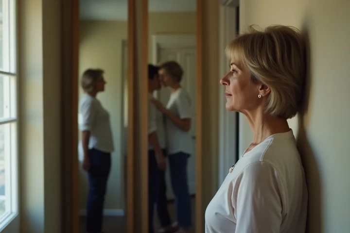 A middle-aged woman studies three tall mirror panels in a quiet home hallway, each reflection subtly suggesting an argument, emotional distance