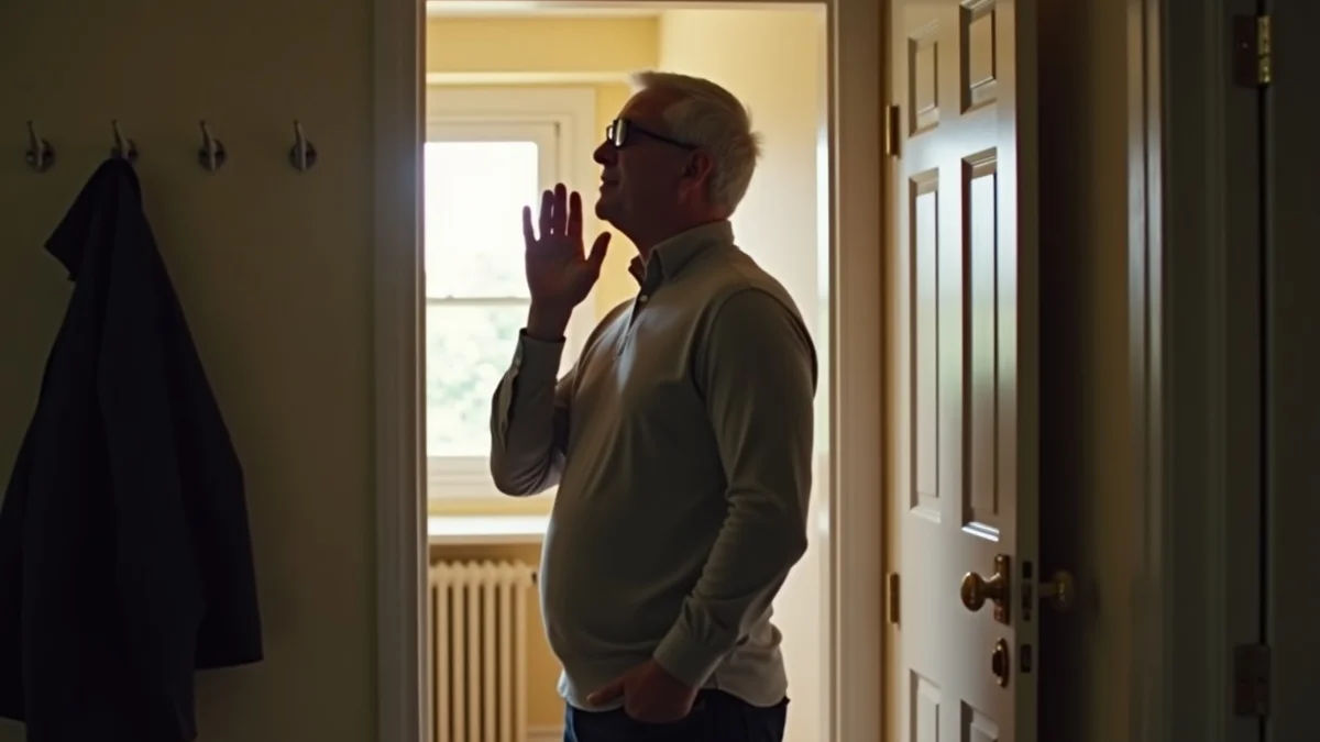 A middle-aged adult takes a slow breath near an apartment doorway before leaving for a first date, shoulders relaxed and hands gently unclenched