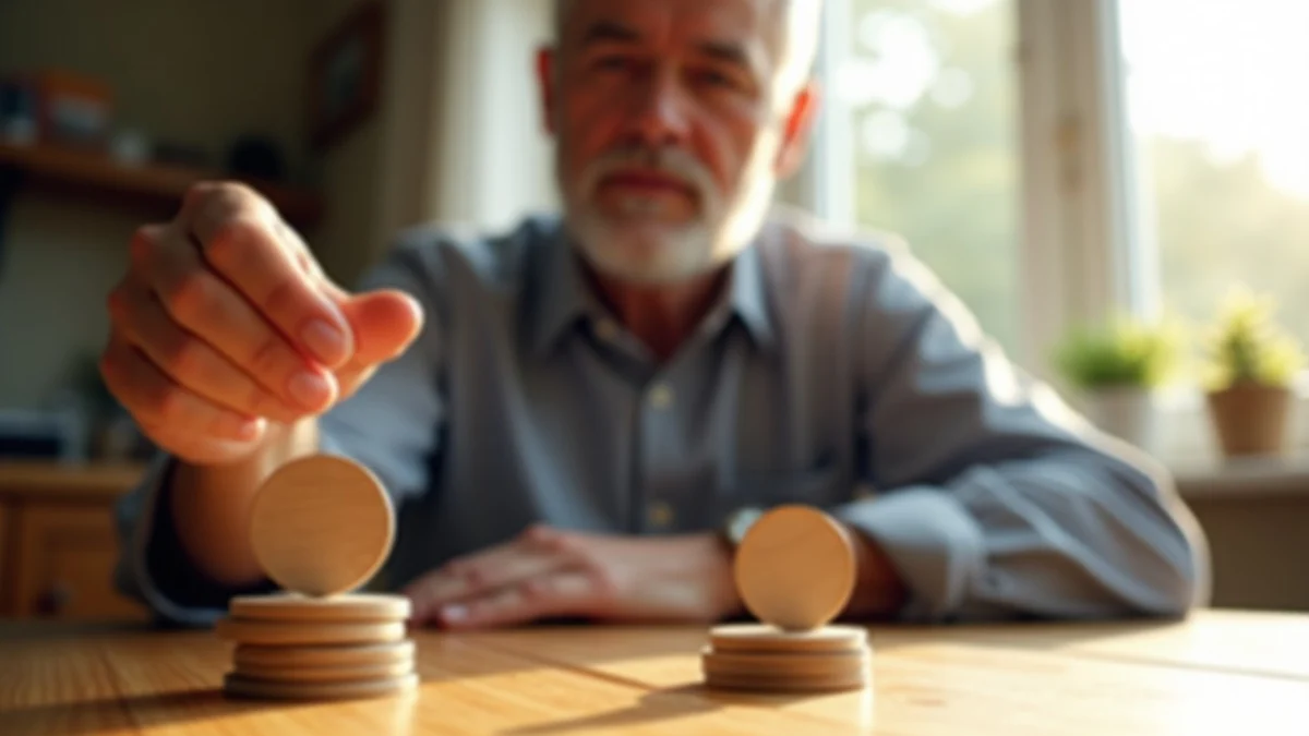 A middle-aged adult thoughtfully weighs two unmarked wooden tokens on a sunlit dining table, considering different paths without any visible device