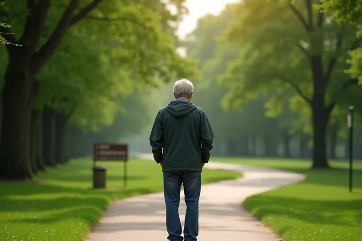 A middle-aged adult pauses at a forked path in a quiet public park, choosing between a broad lively walkway and a narrower peaceful trail