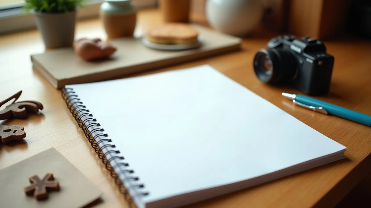 A profile-planning still life shows blank photo prints, an unmarked notebook, a pen, and small objects suggesting cooking, hiking