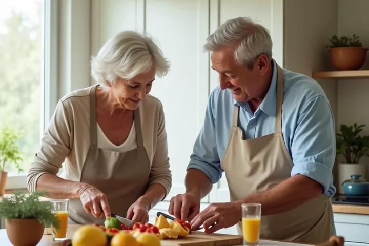 Two middle-aged adults prepare a relaxed Sunday breakfast together in a bright home kitchen