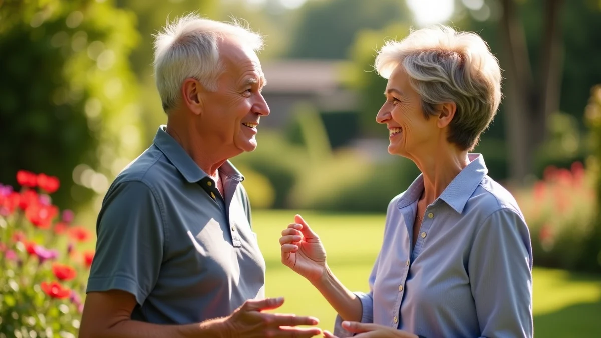 Two middle-aged adults have a calm, candid conversation in a sunlit community garden