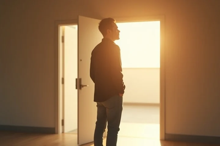 A middle-aged man stands in a quiet sunlit hallway between three open doorways