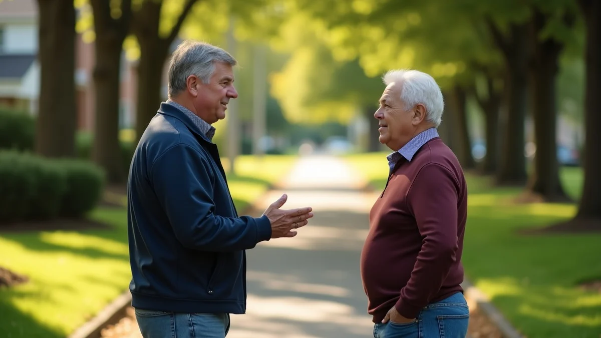 A middle-aged adult gives a courteous goodbye at the edge of a small neighborhood gathering while another adult listens respectfully