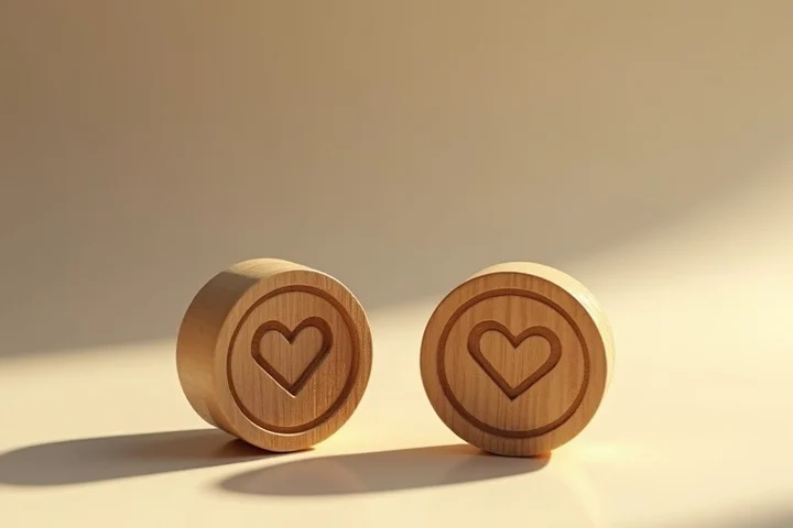 Two mismatched wooden tokens rest on a clean tabletop