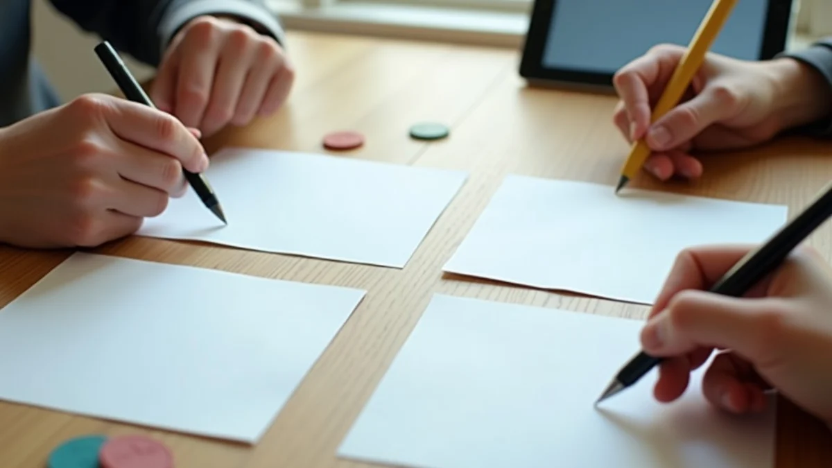 Two hands lay out balanced rows of blank cards, two pens, and paired colored tokens on a wooden writing desk