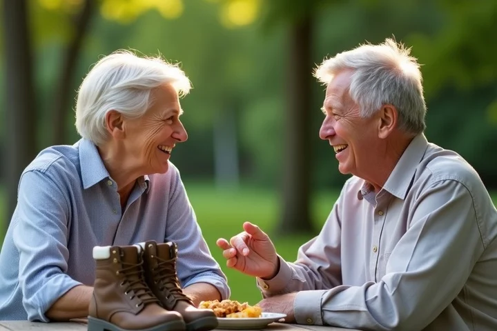 Two middle-aged adults talk warmly at a neighborhood park picnic table