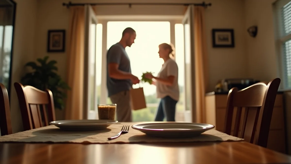 A mature adult sets two dinner plates in a tidy home dining room as another mature adult arrives at the open doorway with a small grocery bag