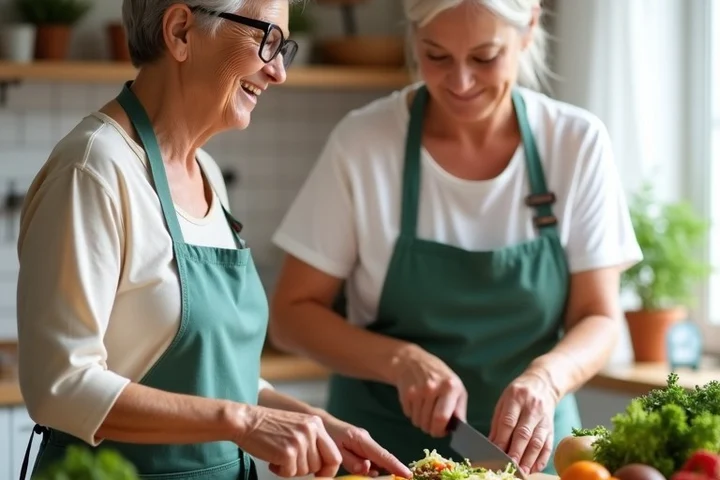 Two mature adults prepare a meal together in a bright home kitchen, one chopping vegetables while the other sets the table