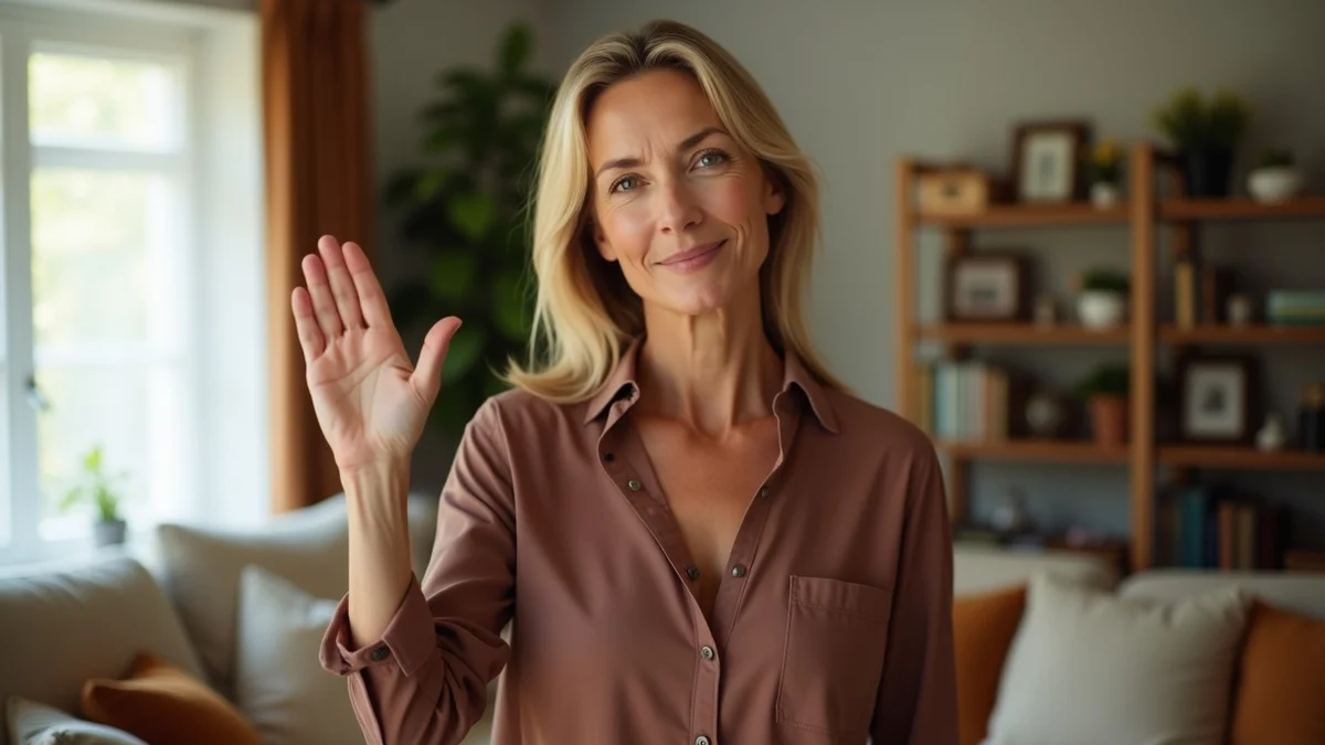 A confident woman in her late 40s faces the camera with one hand gently raised in a clear, calm boundary gesture, standing in a warm