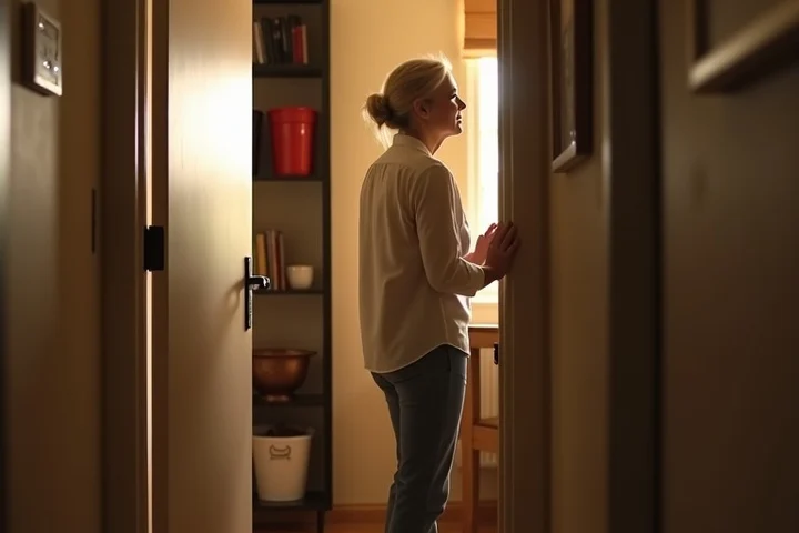 A woman in her late 40s calmly closes her apartment door and turns toward a planned evening routine