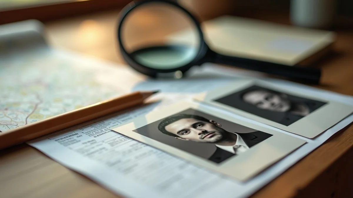 A magnifying glass rests over mismatched portrait photo cards on a tidy home desk, with a folded map, blank evidence cards