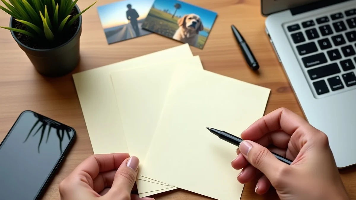 A hand arranges a pen, three blank cream cards, and small travel and pet photographs on a tidy wooden desk, suggesting a personal detail