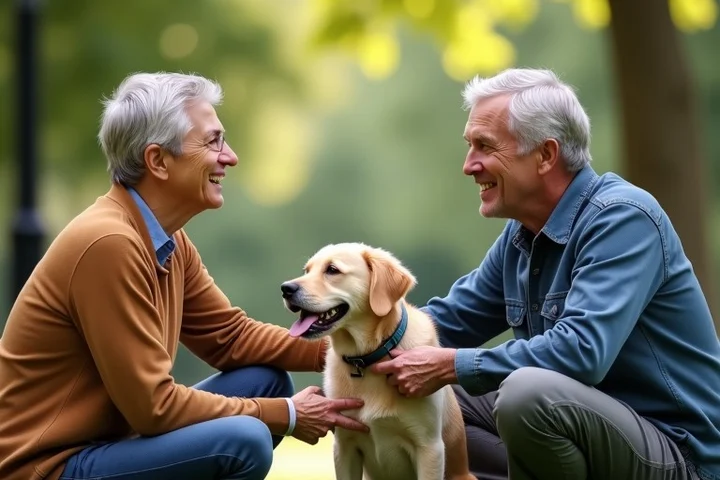 Two middle-aged adults chat beside a friendly dog in a quiet public garden