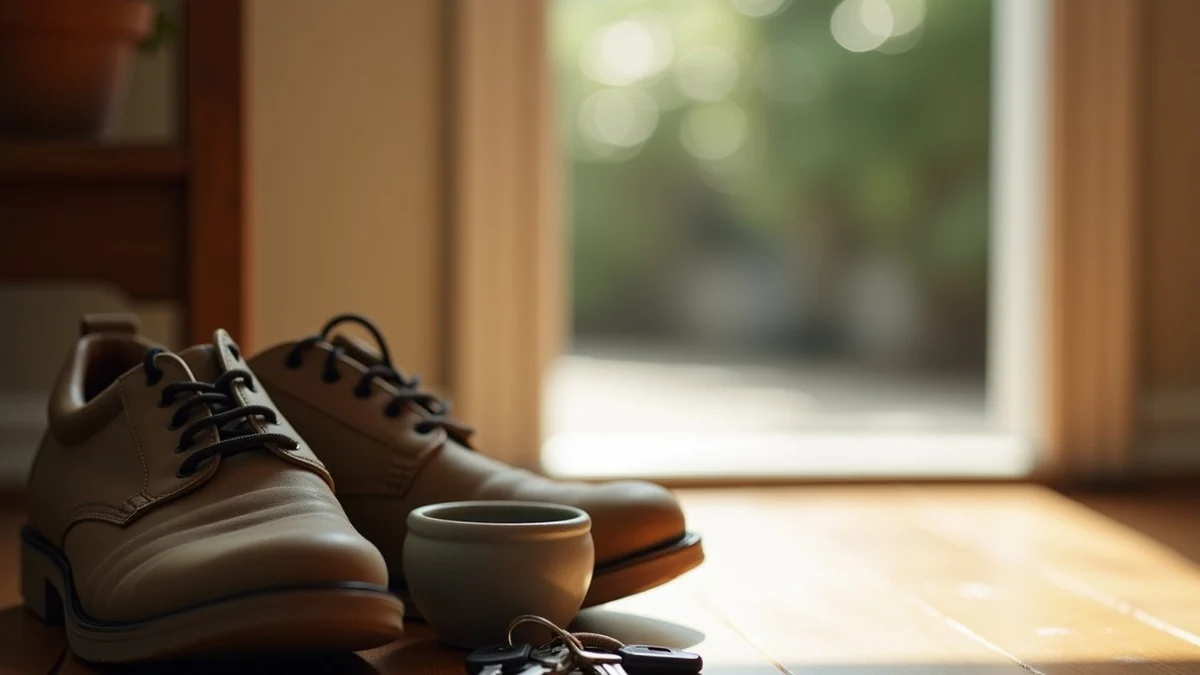 A pair of well-worn walking shoes beside house keys and a small ceramic bowl on an entryway bench