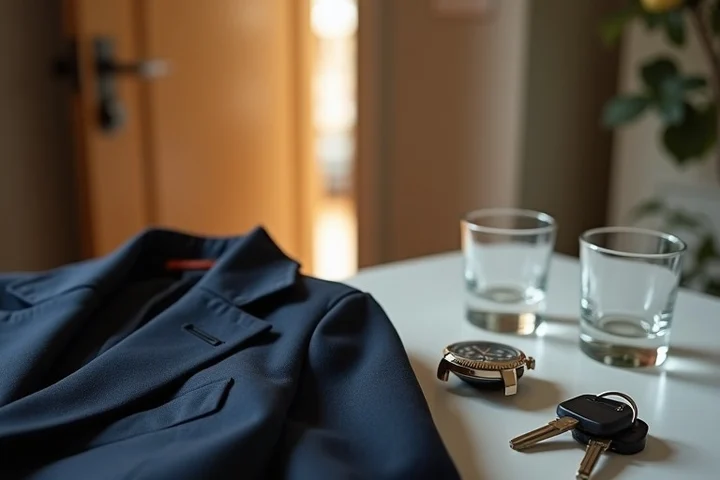 A neatly folded jacket, simple wristwatch, house keys, and two small glasses arranged on a clean hallway console before a first date