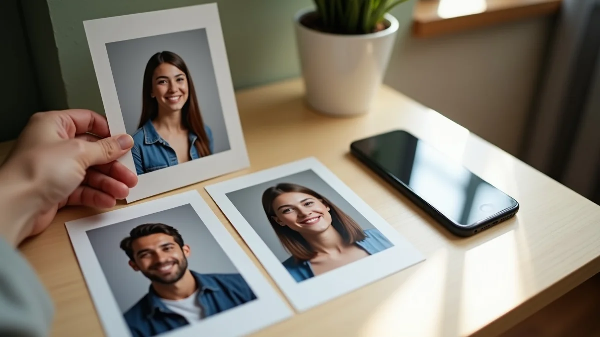 A hand aligns three consistent portrait photo prints beside a small tabletop mirror and a closed phone on a home desk