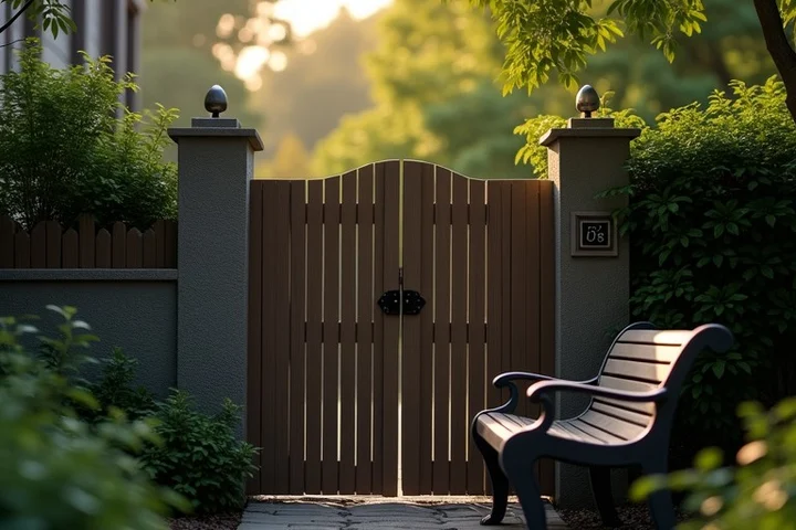 A latched garden gate stands between a tidy home entry and a public meeting bench