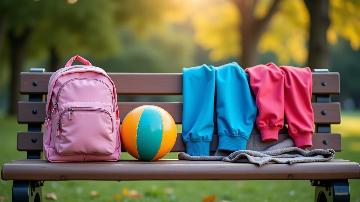A child’s small backpack, a soft playground ball, and two adult jackets rest beside a neatly folded picnic blanket on a park bench
