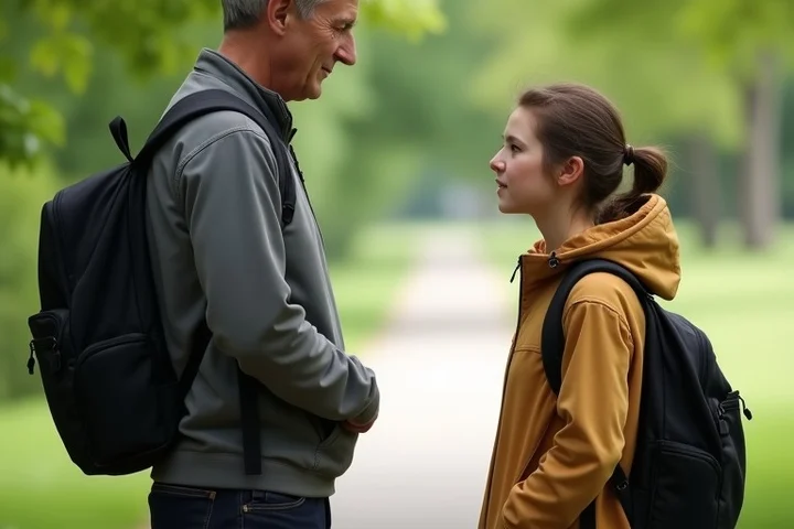 A middle-aged parent speaks calmly at eye level with a thoughtful teenage child on a park path