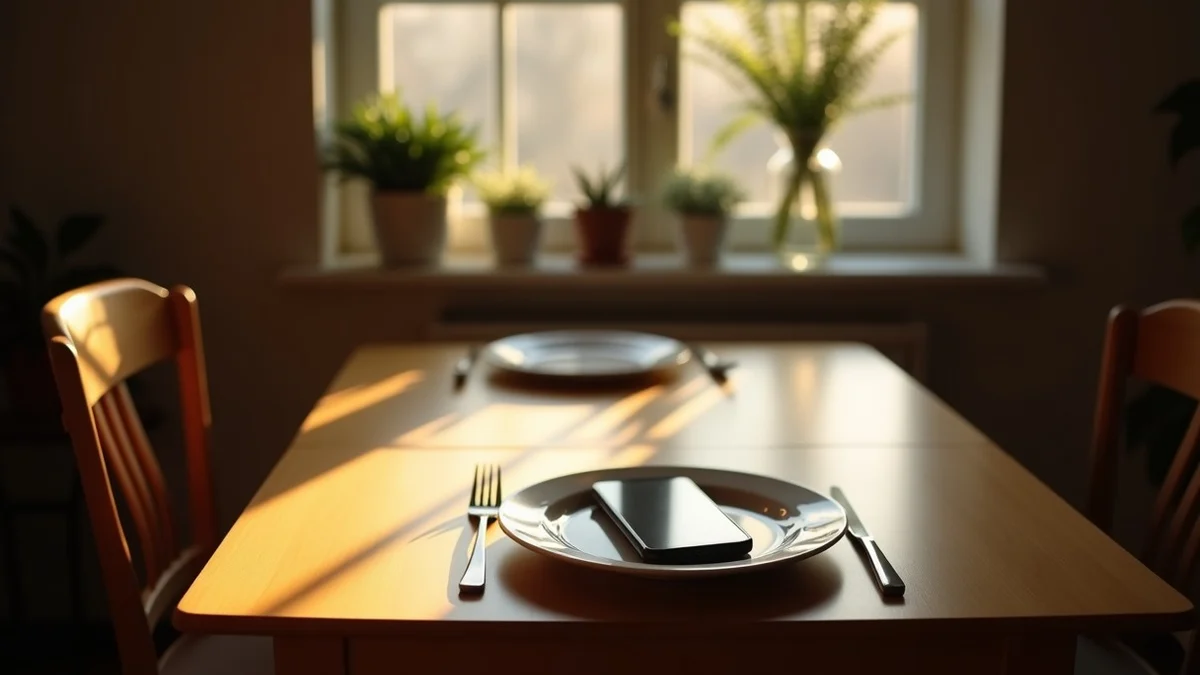 A single place setting and a face-down phone rest on a small dining table beside an empty chair in a quiet home on a Friday evening