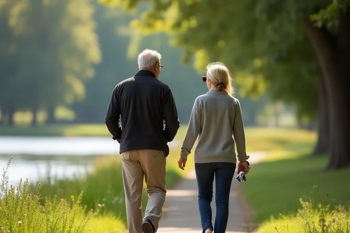 Two mature adults walk side by side along a quiet riverside park trail, talking comfortably while keeping natural personal space