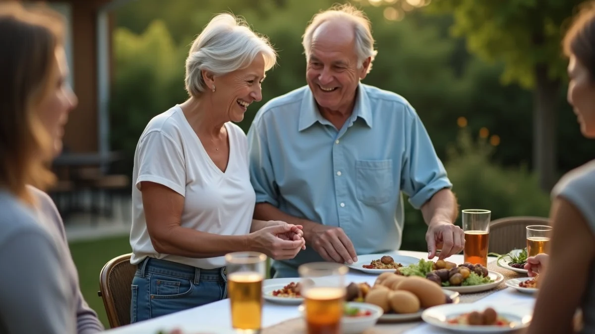 Two middle-aged adults stand at the edge of a small neighborhood gathering