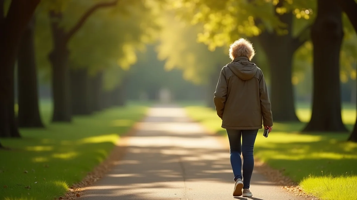 A middle-aged woman walks alone at a calm, deliberate pace along a leafy public park trail