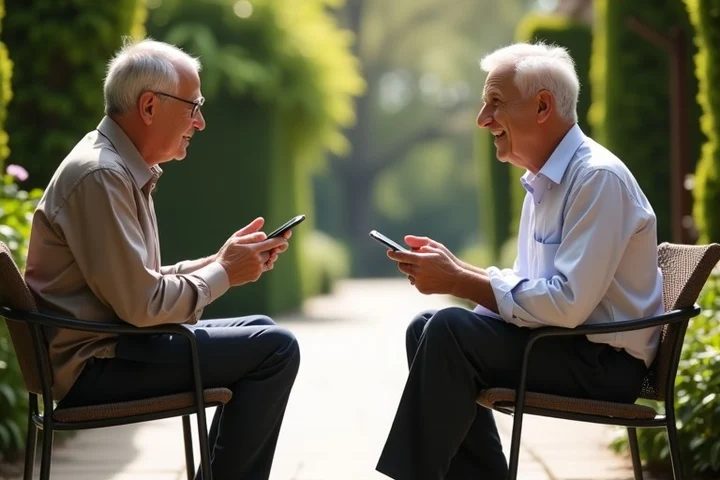 Two middle-aged adults meet for a relaxed first conversation on a sunny outdoor terrace in a public botanical garden