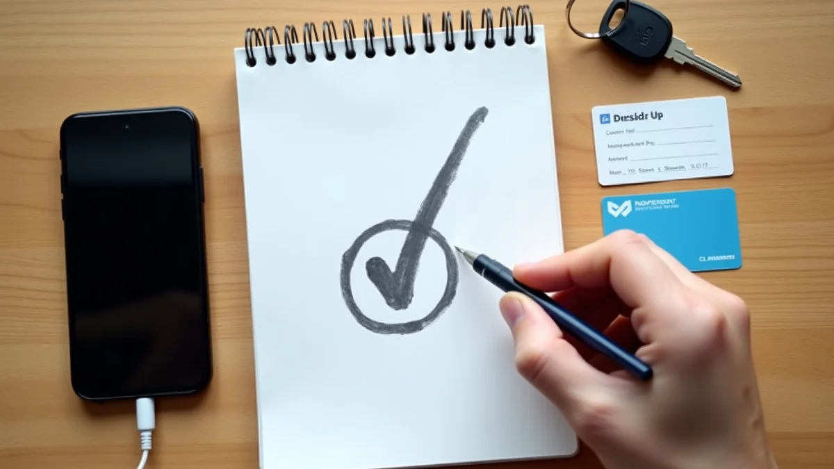 A hand adds an abstract checkmark to a blank notebook beside a face-down phone, house key, independent transit card