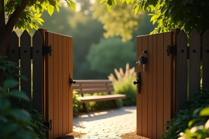 A closed garden gate separates a private home doorway with house keys safely inside from a sunlit public park bench beyond it