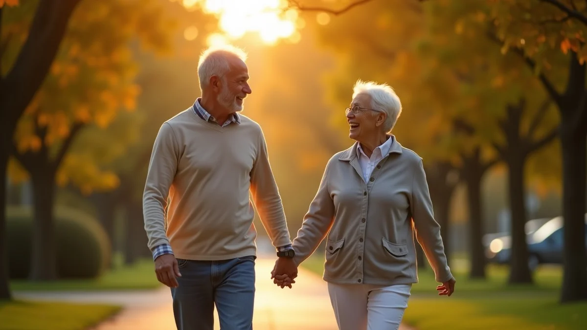 Two middle-aged adults greet each other with relaxed, open body language on a leafy neighborhood walking path, one arriving while the other waits