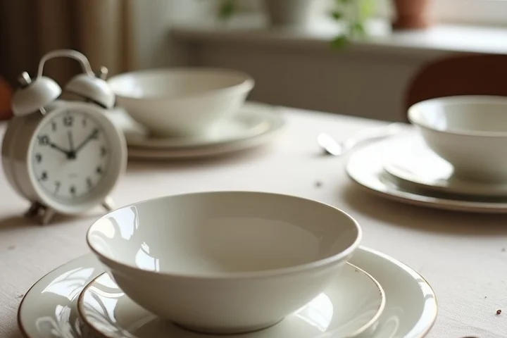 A calm still life shows two matching place settings, a plain-faced analog clock without numerals