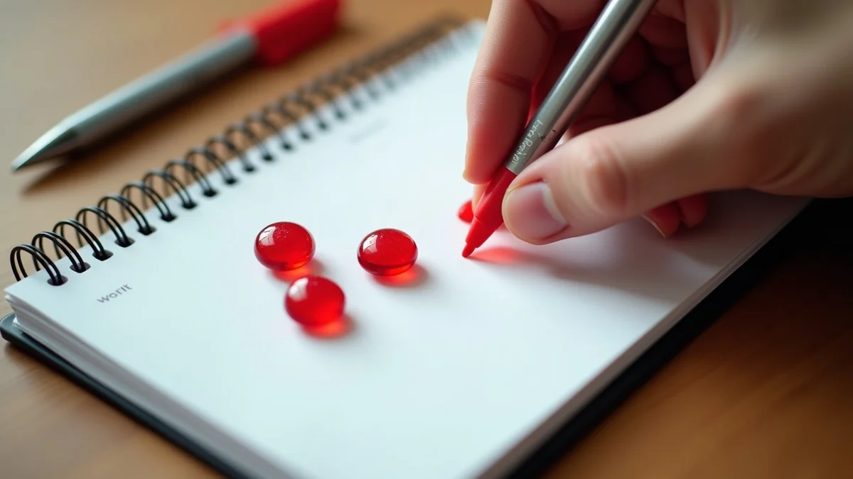 A hand places three small red glass markers beside a closed notebook and pen on a wooden table, creating a physical record of repeated warning signs