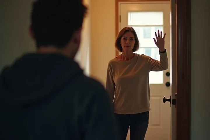 A woman in her late 40s stands just inside her home doorway with one hand raised in a calm stop gesture