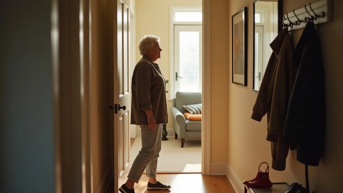 A middle-aged adult calmly prepares to leave a tidy home for a first social outing, choosing a comfortable jacket and shoes in a bright entryway