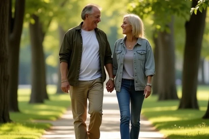 Two middle-aged adults take a short, relaxed walk together on a leafy public-park path