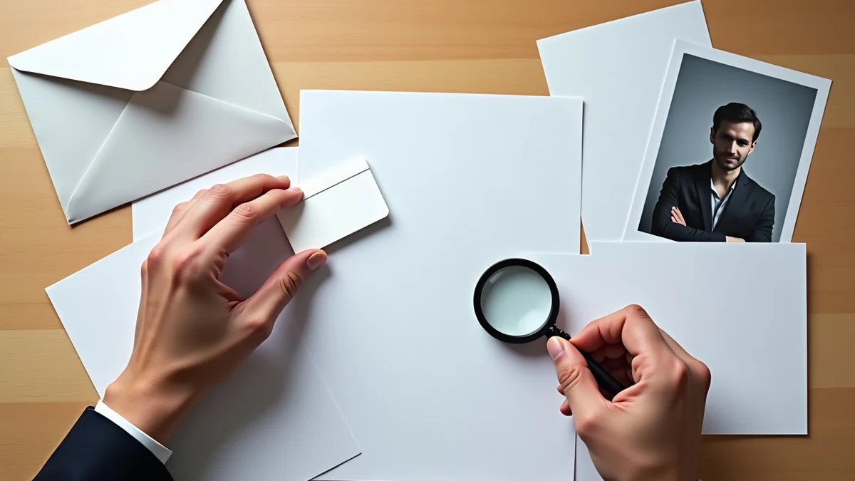 A hand carefully arranges a magnifying glass, a sealed envelope, an unmarked payment card, blank evidence cards