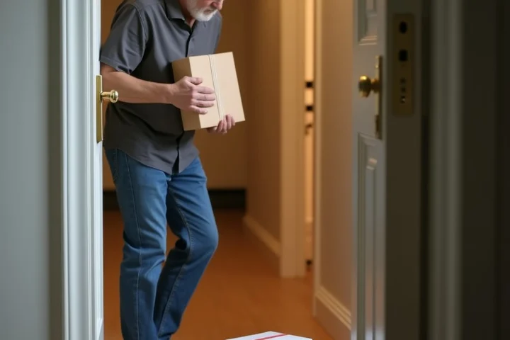 A middle-aged adult firmly locks a sturdy apartment door while an unopened parcel, blank envelope, and plain gift card remain outside on the doormat