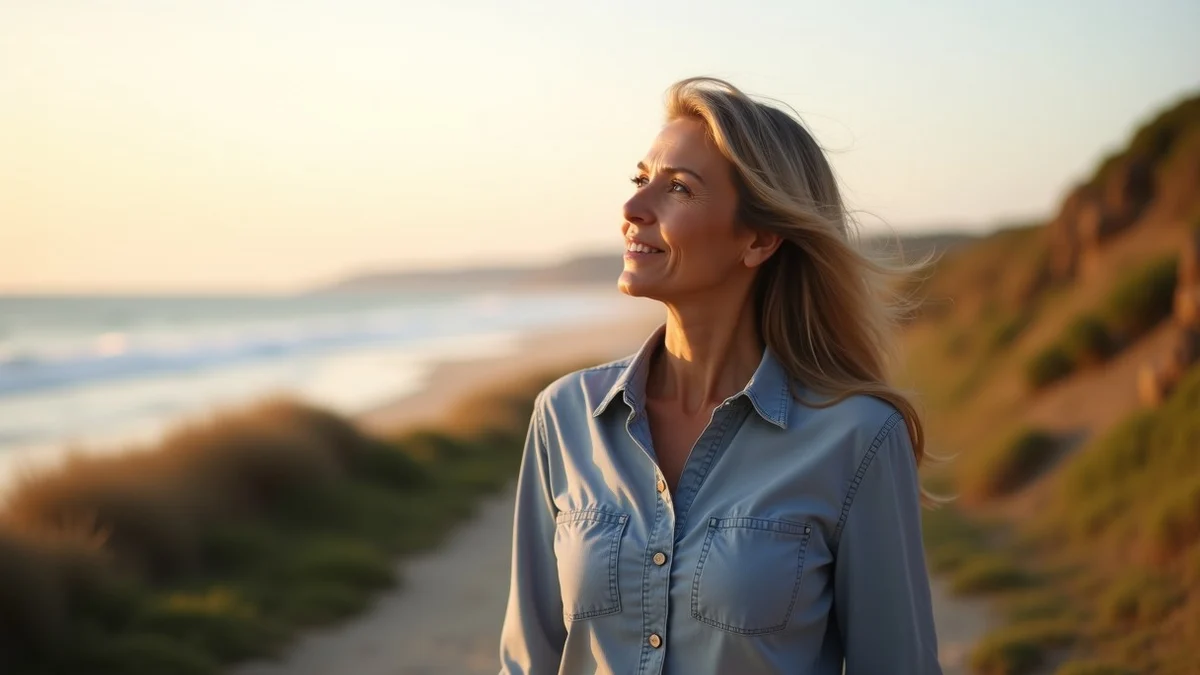 A confident middle-aged woman stands on a quiet coastal walking path, looking toward the open horizon with hopeful but thoughtful expression