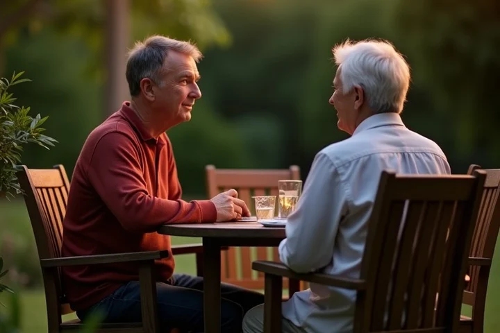 Two middle-aged friends talk at a relaxed backyard gathering, one listening thoughtfully while the other gestures toward an open garden