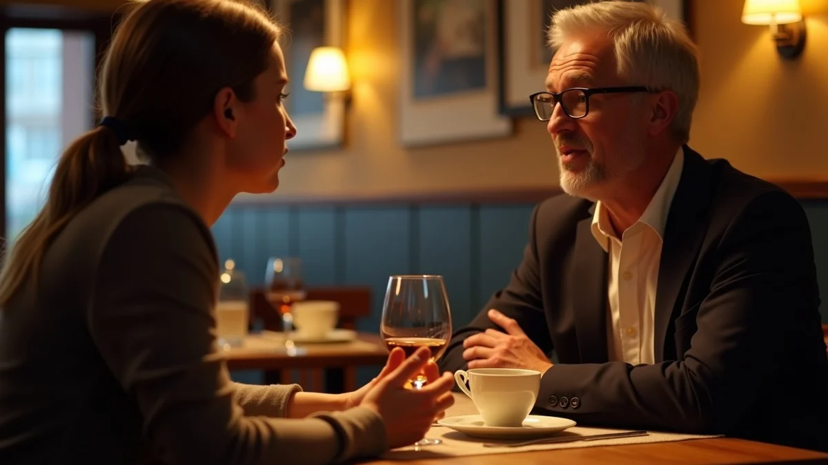 A middle-aged dater speaks briefly and thoughtfully across a small dinner table to another middle-aged adult