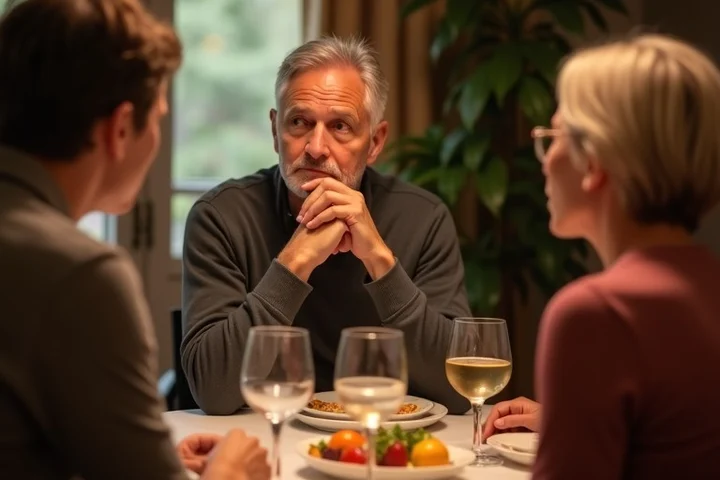 A middle-aged dater pauses thoughtfully during a small dinner gathering while two companions listen with patient, neutral expressions