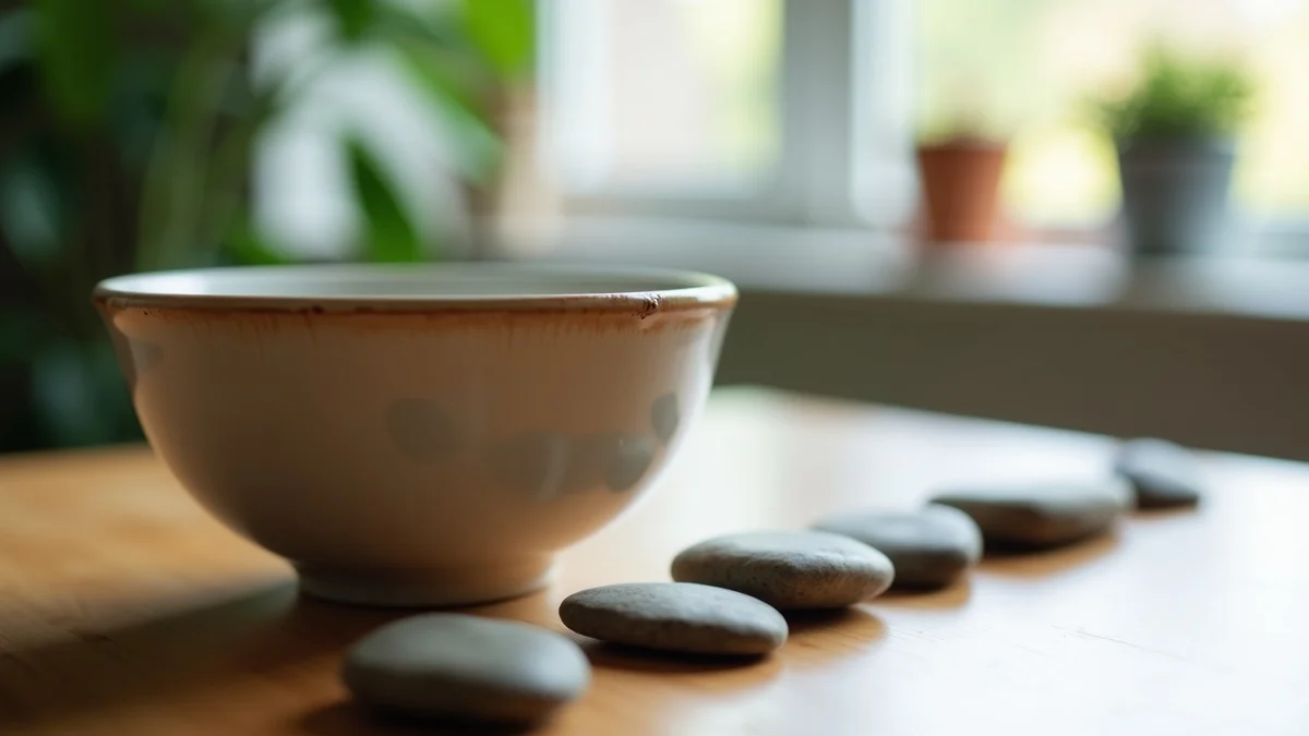 A repaired ceramic bowl with a delicate visible seam rests beside a carefully spaced row of smooth stones on a quiet home table